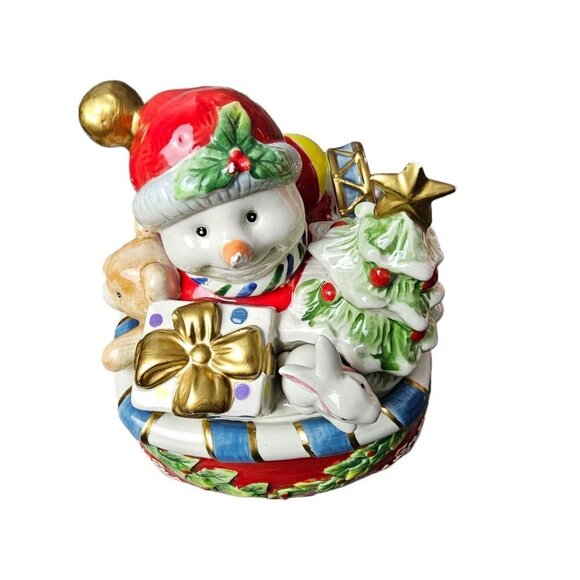 Fitz and Floyd Holiday Snowman Cookie/Candy Lidded Ceramic Jar - Picture 8 of 10